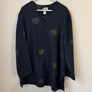 TOGETHER! Womens  Lightweight Chiffon Button-Up Tunic Top XL Black & Gold Floral